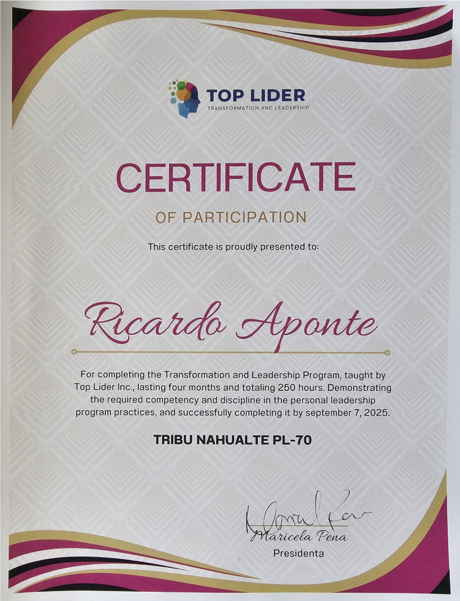 certificado de participacion de ricardo aponte como top lider