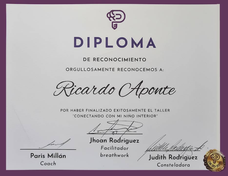 diploma de reconocimiento de ricardo aponte, creador de vortice centro de bienestar