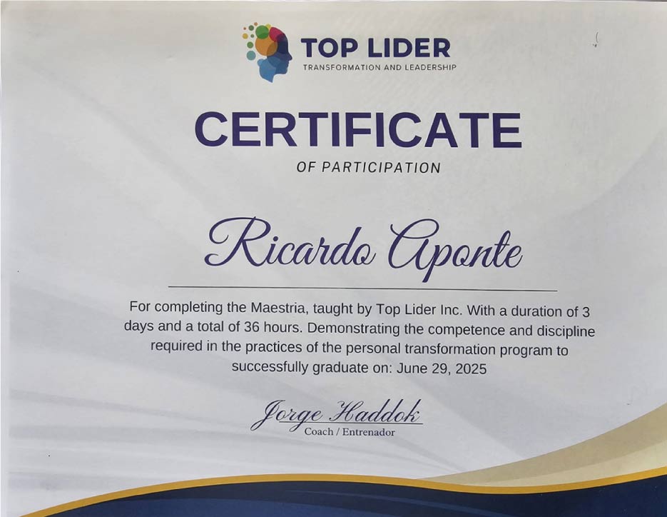 certificado de participacion de maestria para ser un top lider y coach